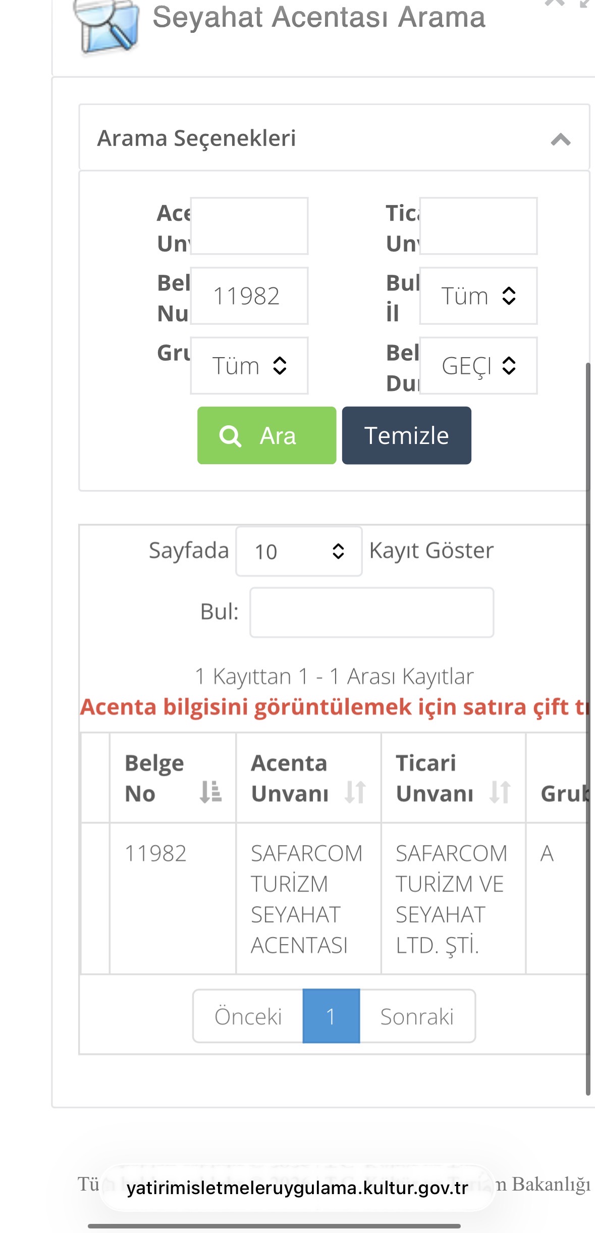 Safarcom Turizm Kültür ve Turizm Bakanlığı Belgesi