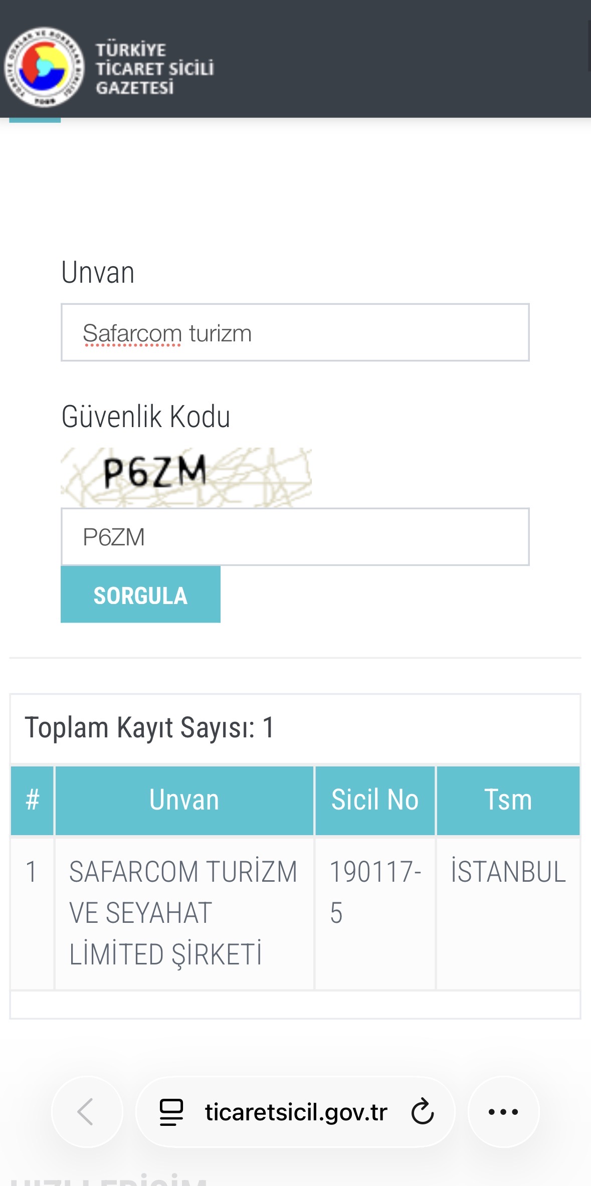 Safarcom Turizm Ticaret Sicili Belgesi